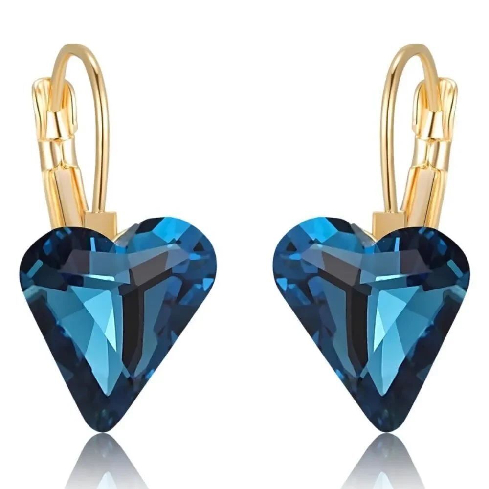 14K Yellow Gold with London Blue Topaz Austrian Crystal Heart Leverback Earrings